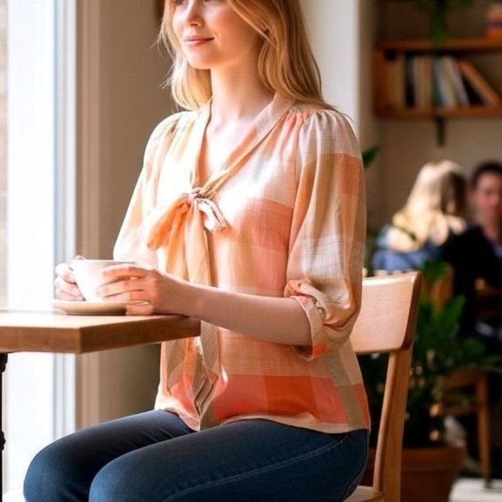 Maeve Anthropologie Plaid Tie Blouse Top Boho Women Size 4 Silk Blend Peach